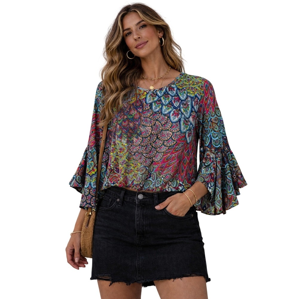 Amana‎ Paisley Peacock Print Blouse Women Medium Multi-Color Ruffle Sleeve